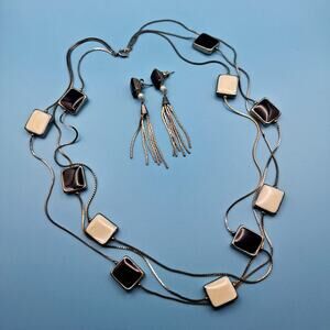 Vintage 3 Strand Beaded Necklace Earrings Set 1960's Chain Black White Square